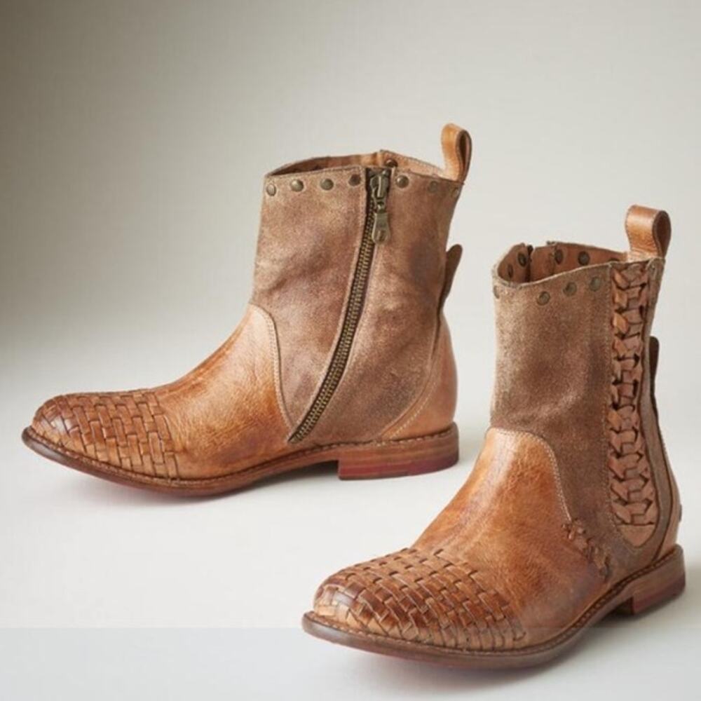 Bed Stu‎ Baxter Boot Tan Leather Handwoven Cap Toe Ankle Sz 6.5 Women's